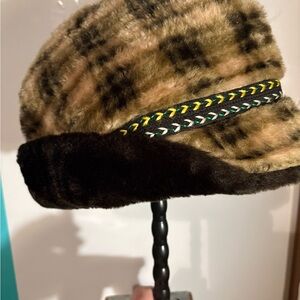 Faux Fur Bucket Hat with Braided Trim - Brown & Black